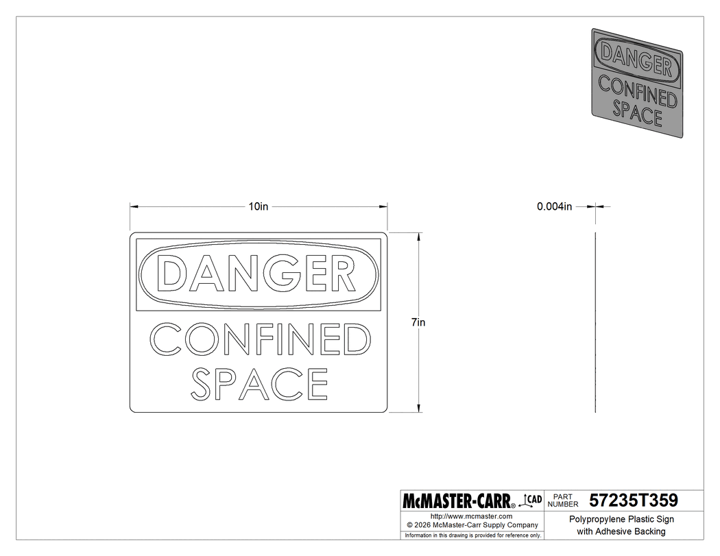 Technical Drawing of Polypropylene Plastic Sign with Adhesive Backing, (Danger-Confined Space), 10" x 7".